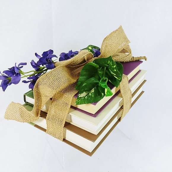 Decorative Tied Book Stack Farm House Decor Hard Cover Burlap Ribbon Set of 3 - Picture 4 of 6